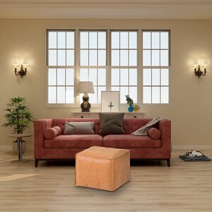 Square Moroccan Leather Pouf, Ottoman Footstool, Brown, Unstuffed 画像 3