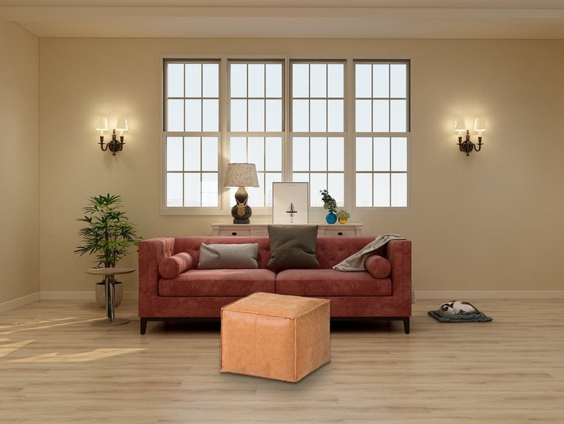 Square Moroccan Leather Pouf, Ottoman Footstool, Brown, Unstuffed 画像 3
