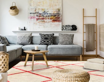 Beni Ourain Rug, Hand-Knotted Moroccan Wool, Ivory with Red Lines