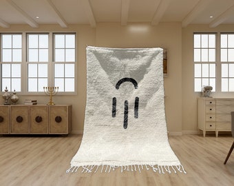 Beni Ourain Rug, Hand-Knotted Moroccan Wool, Ivory with Black Berber Symbol