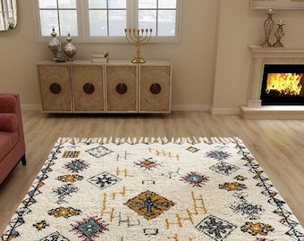 Colorful Moroccan Rug, Hand-Knotted Berber Wool, Multicolor Geometric Design
