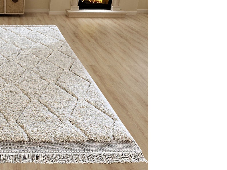 Beni Ourain Rug, Hand-Knotted Moroccan Wool, Ivory Tonal Diamond Pattern image 9