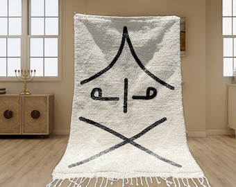 Beni Ourain Rug, Hand-Knotted Moroccan Wool, Ivory with Black Tribal Symbol
