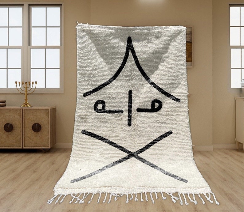 Beni Ourain Rug, Hand-Knotted Moroccan Wool, Ivory with Black Tribal Symbol image 1