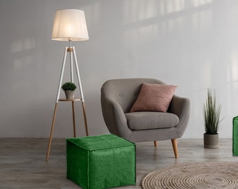 Square Moroccan Leather Pouf, Ottoman Footstool, Green, Unstuffed