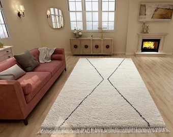 Beni Ourain Rug, Hand-Knotted Moroccan Wool, Ivory with Two Black Lines