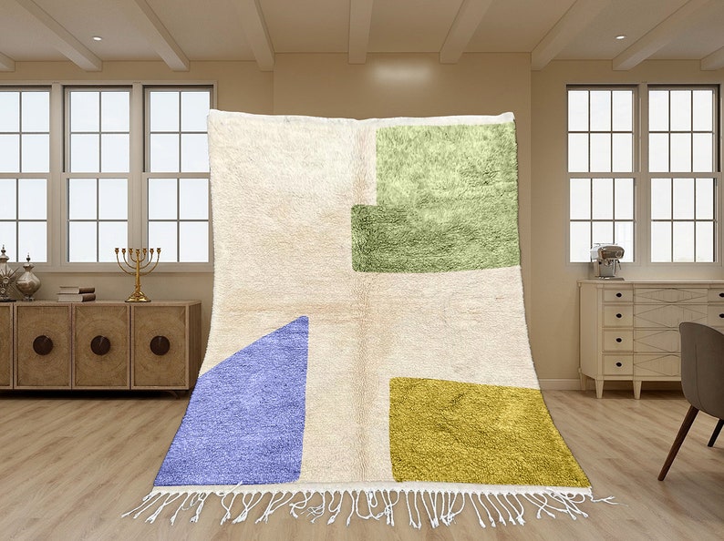 Colorful Moroccan Rug, Hand-Knotted Berber Wool, Yellow Green and Violet Bild 2