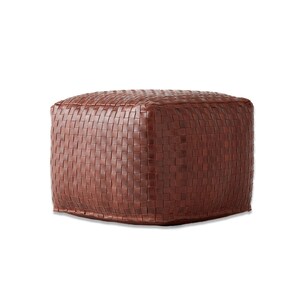 May include: A square-shaped ottoman featuring a dark brown exterior constructed from a dense, uniform woven pattern of strips. The piece has a flat top surface and vertical sides that form a consistent, boxy silhouette with defined edges.