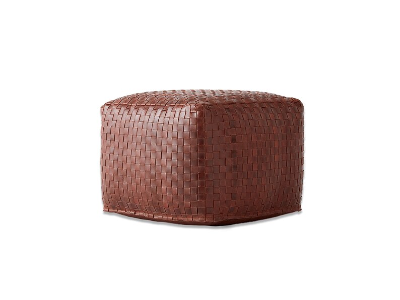 May include: A square-shaped ottoman featuring a dark brown exterior constructed from a dense, uniform woven pattern of strips. The piece has a flat top surface and vertical sides that form a consistent, boxy silhouette with defined edges.