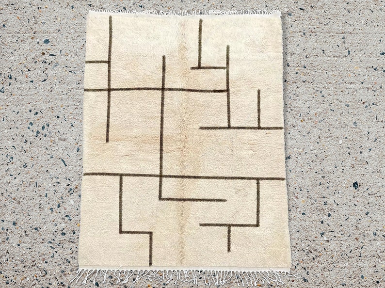Beni Ourain Rug, Hand-Knotted Moroccan Wool, Ivory with Crossed Black Lines zdjęcie 7