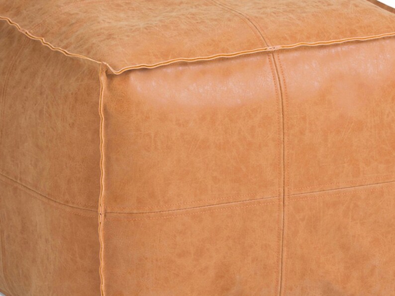 Square Moroccan Leather Pouf, Ottoman Footstool, Brown, Unstuffed 画像 4