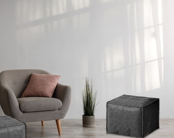 Square Moroccan Leather Pouf, Ottoman Footstool, Black, Unstuffed