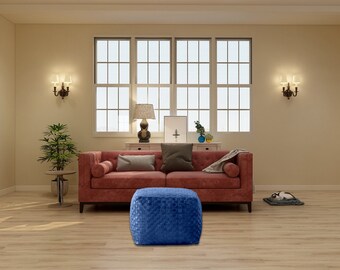 Moroccan Leather Pouf, Hand-Braided Ottoman Footstool, Blue, Unstuffed