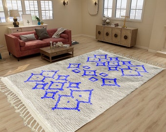 Beni Ourain Rug, Hand-Knotted Moroccan Wool, Ivory with Blue Geometric Shapes