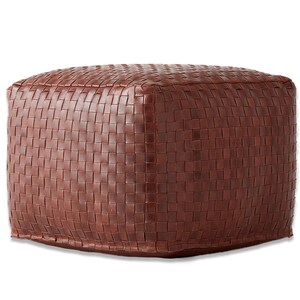 May include: A square-shaped ottoman featuring a dark brown exterior constructed from a tightly woven leather pattern. The surface displays a consistent grid of interlaced leather strips, creating a uniform texture across all visible sides.