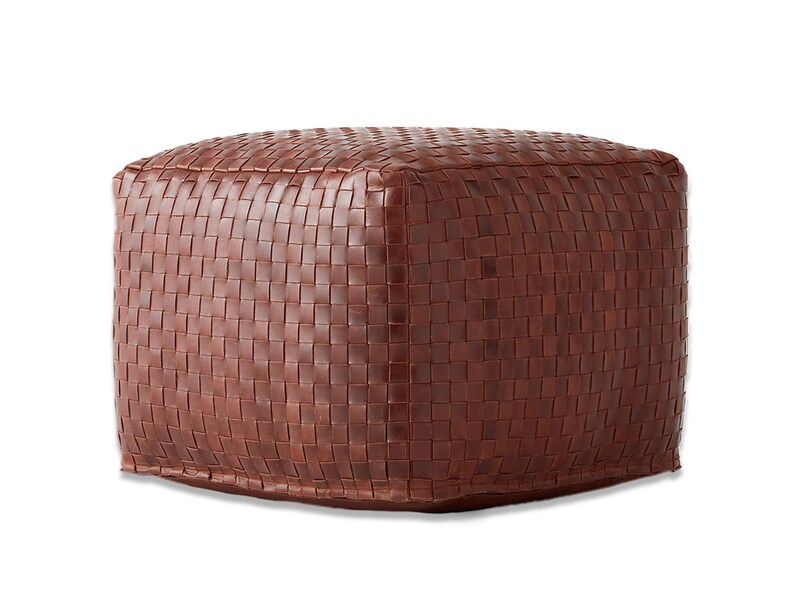 May include: A square-shaped ottoman featuring a dark brown exterior constructed from a tightly woven leather pattern. The surface displays a consistent grid of interlaced leather strips, creating a uniform texture across all visible sides.
