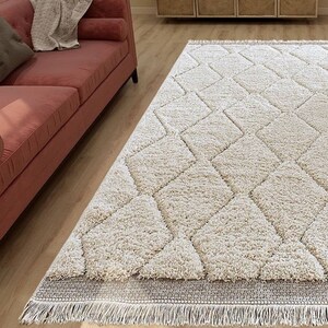 Beni Ourain Rug, Hand-Knotted Moroccan Wool, Ivory Tonal Diamond Pattern image 1