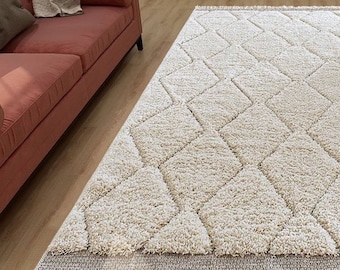 Beni Ourain Rug, Hand-Knotted Moroccan Wool, Ivory Tonal Diamond Pattern