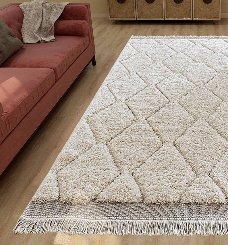 Beni Ourain Rug, Hand-Knotted Moroccan Wool, Ivory Tonal Diamond Pattern image 1