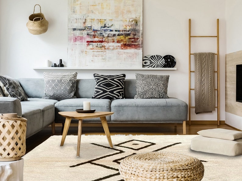 Moroccan Handmade Rug - Beni Ourain Style Wool Berber Rug - Modern Hand Woven Azilal Berber White Rug