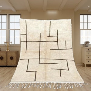 Beni Ourain Rug, Hand-Knotted Moroccan Wool, Ivory with Crossed Black Lines zdjęcie 1