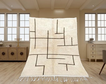 Beni Ourain Rug, Hand-Knotted Moroccan Wool, Ivory with Crossed Black Lines
