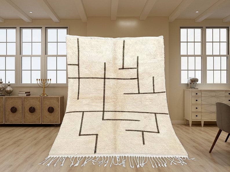 Beni Ourain Rug, Hand-Knotted Moroccan Wool, Ivory with Crossed Black Lines zdjęcie 1