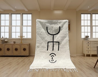 Beni Ourain Rug, Hand-Knotted Moroccan Wool, Ivory with Central Berber Symbol