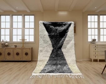 Beni Ourain Rug, Hand-Knotted Moroccan Wool, Ivory with Black Hourglass Design