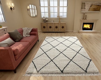 Beni Ourain Rug, Hand-Knotted Moroccan Wool, Ivory with Black Diamond Lattice