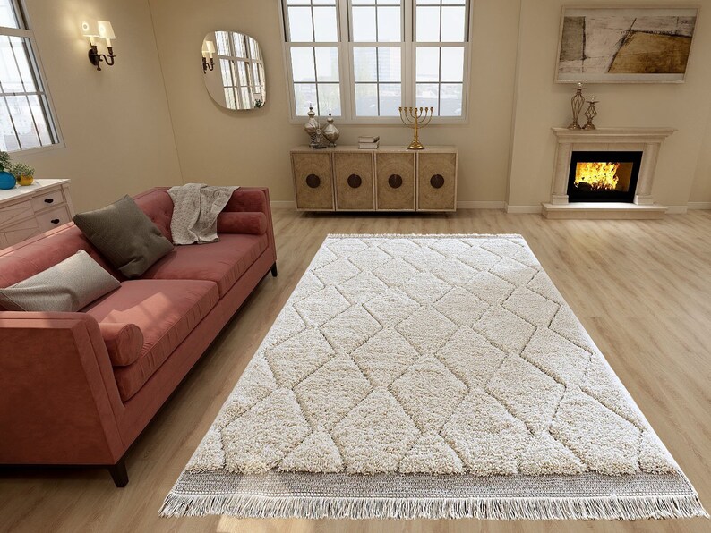 Beni Ourain Rug, Hand-Knotted Moroccan Wool, Ivory Tonal Diamond Pattern image 2
