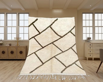 Beni Ourain Rug, Hand-Knotted Moroccan Wool, Ivory Minimalist Berber
