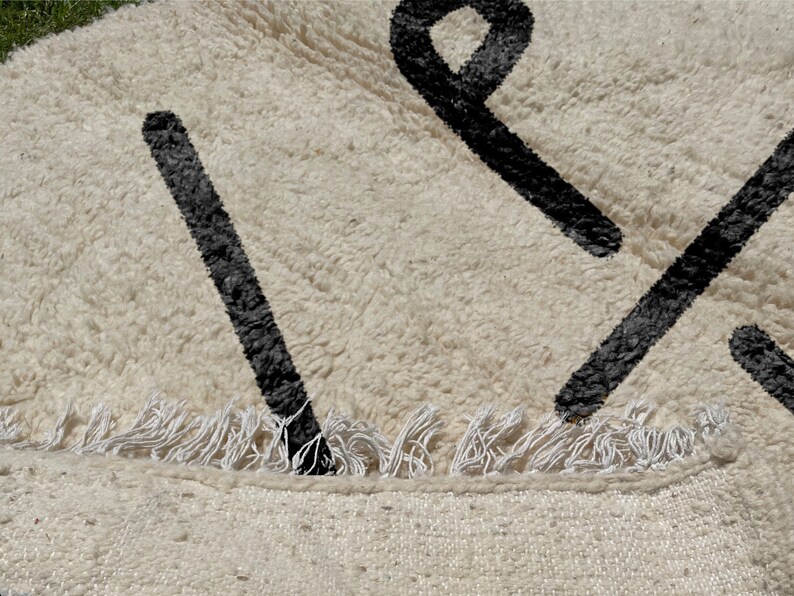 Beni Ourain Rug, Hand-Knotted Moroccan Wool, Ivory with Black Tribal Symbol image 4