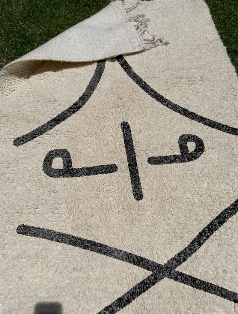 Beni Ourain Rug, Hand-Knotted Moroccan Wool, Ivory with Black Tribal Symbol image 5