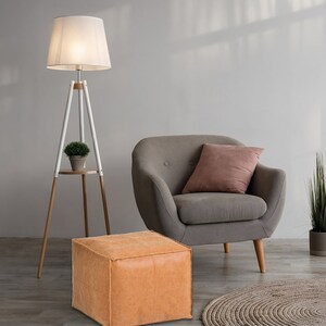 Square Moroccan Leather Pouf, Ottoman Footstool, Brown, Unstuffed 画像 2