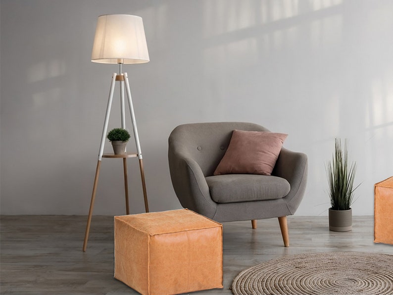 Square Moroccan Leather Pouf, Ottoman Footstool, Brown, Unstuffed 画像 2