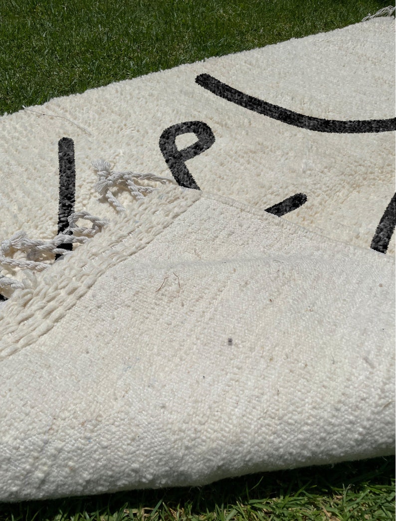 Beni Ourain Rug, Hand-Knotted Moroccan Wool, Ivory with Black Tribal Symbol image 6