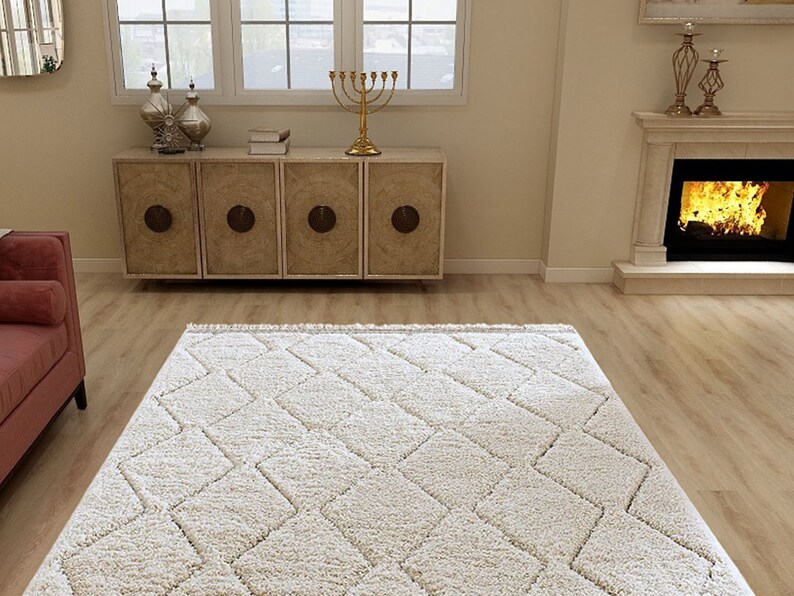 Beni Ourain Rug, Hand-Knotted Moroccan Wool, Ivory Tonal Diamond Pattern image 10