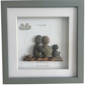 Engagement gift, Pebble art picture couple with a cat.