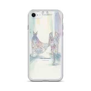 May include: Clear iPhone case featuring a watercolor illustration of a gown and suit on a runway. The design incorporates text and pastel colors. The words "CODE FASHIONABLY" are printed at the bottom.