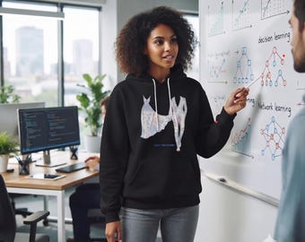 Sudadera con capucha CODE FASHIONABLY para ciencia de datos: ropa técnica premium con estampado de acuarela para programadores e ingenieros de IA.