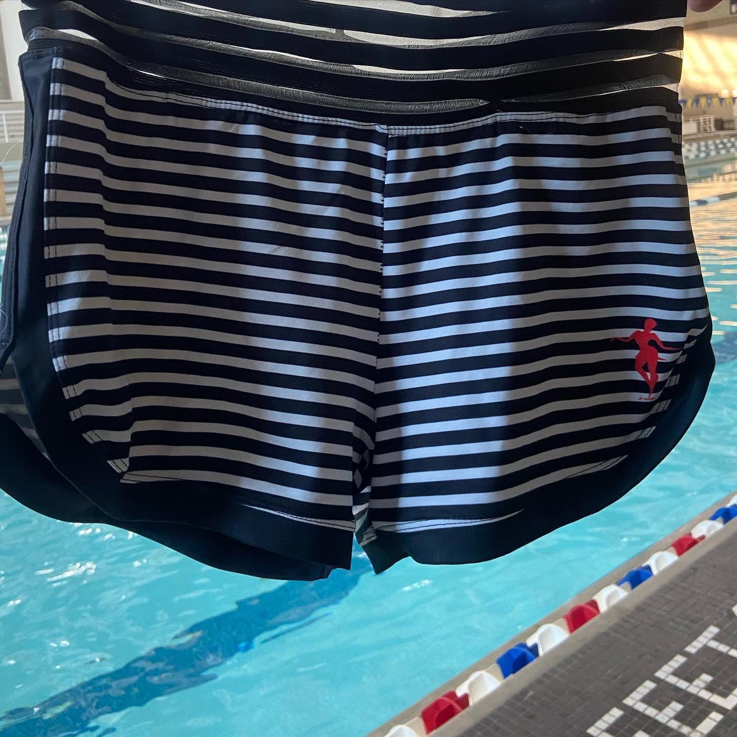 High Waisted Striped Swim Shorts with Mesh Waistband