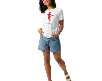 Camiseta blanca holgada para mujer con logo de bailarina en rojo / Camiseta gráfica llamativa para bailarinas / Top de baile de algodón suave / JP MAROU