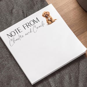 May include: A white notepad with the text "NOTE FROM Charlie and Coach" in black script. A small illustration of a brown dog is in the upper right corner. The notepad is on a dark grey surface, near a laptop and a pen.