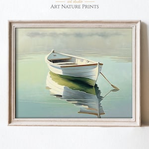 Vintage Misty Lake Boat Oil Painting | Ultrafine Detail | American Scene Nautical Art | Printable Download for Home Decor | OPL026