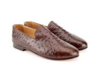 Handmade Brown Ostrich Leather Stylish Loafer Shoes for Men’s