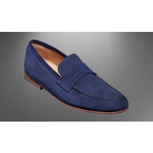 Handmade Men Blue Suede Leather Casual Party Slip on Shoes, Loafer Shoes