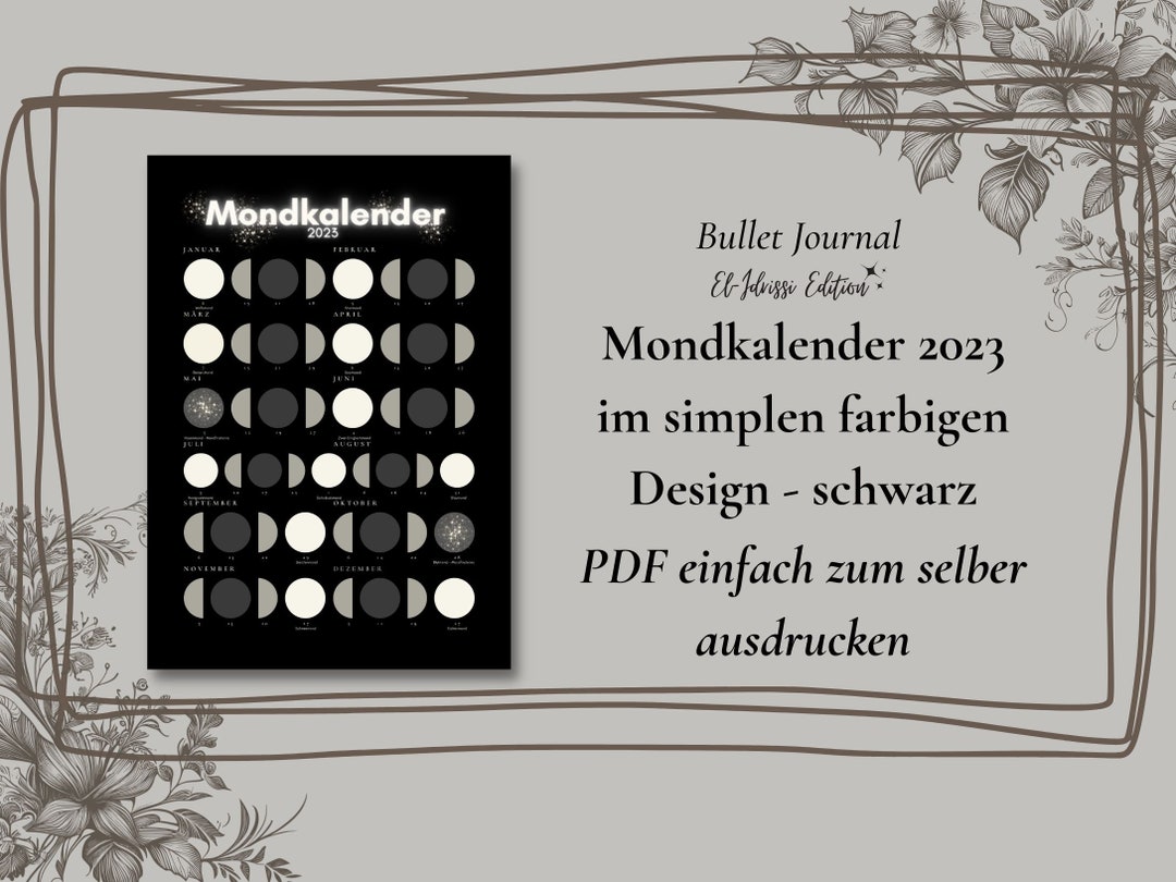 Mondkalender 2023 Zum Ausdrucken Oder Digital in Schwarz - Etsy