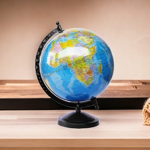 Globe terrestre éducatif 25 cm de haut, 20 cm de diamètre Globe terrestre rotatif avec arc et base en métal au fini noir mat