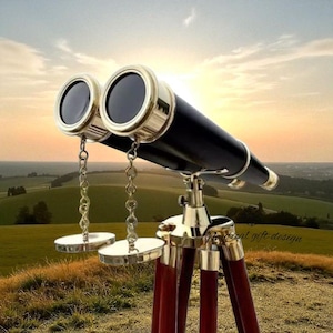 Vintage Antique Fully Functional Brass Binocular Telescope with Adjustable Wooden Tripod – Nautical Decor Collectible & Stargazing Gift Item